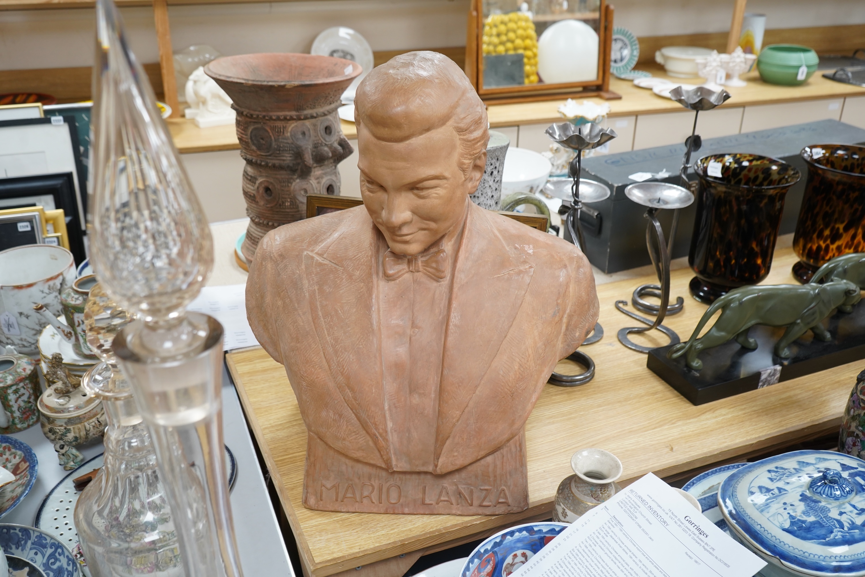 Mario Lanza - a terracotta bust by the sculptor Rosa Villam, signed to the side of the bust; ‘ Thank You For Your Golden Voice and Heart. Rosa Villam, Sculptor, Hungary-Budapest-1964’, 66cm high, together with aframed RC